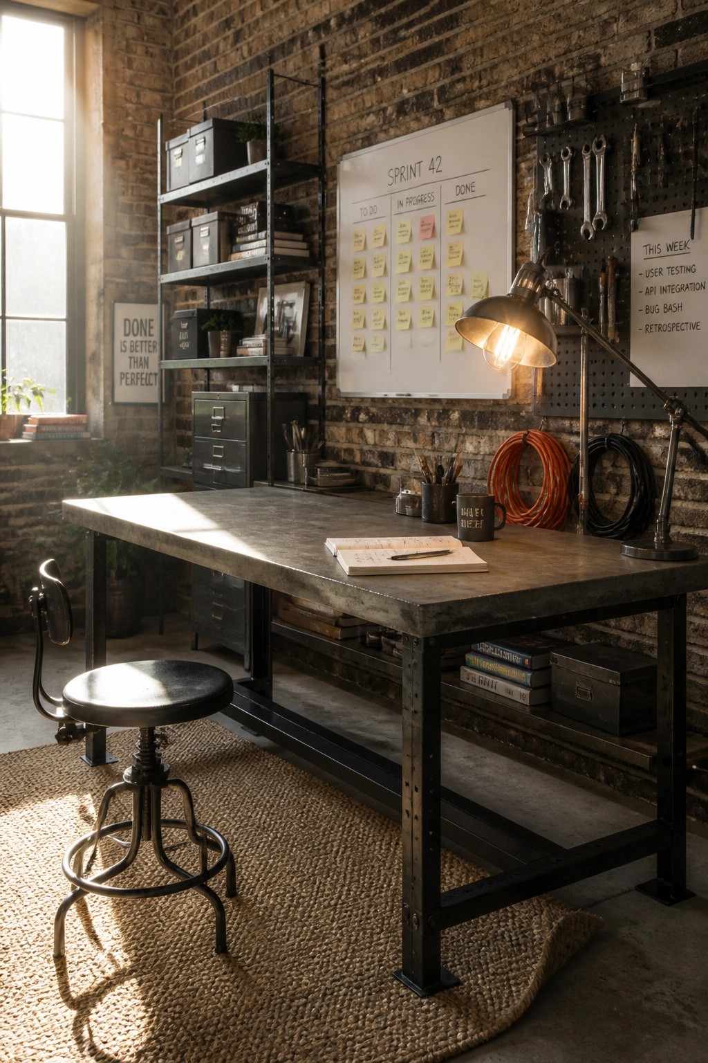 A large concrete-top work desk with black metal legs sits on a woven rug in a brick-walled room, with an open notebook on top, a stool in front, and a whiteboard with sticky notes on the wall behind.