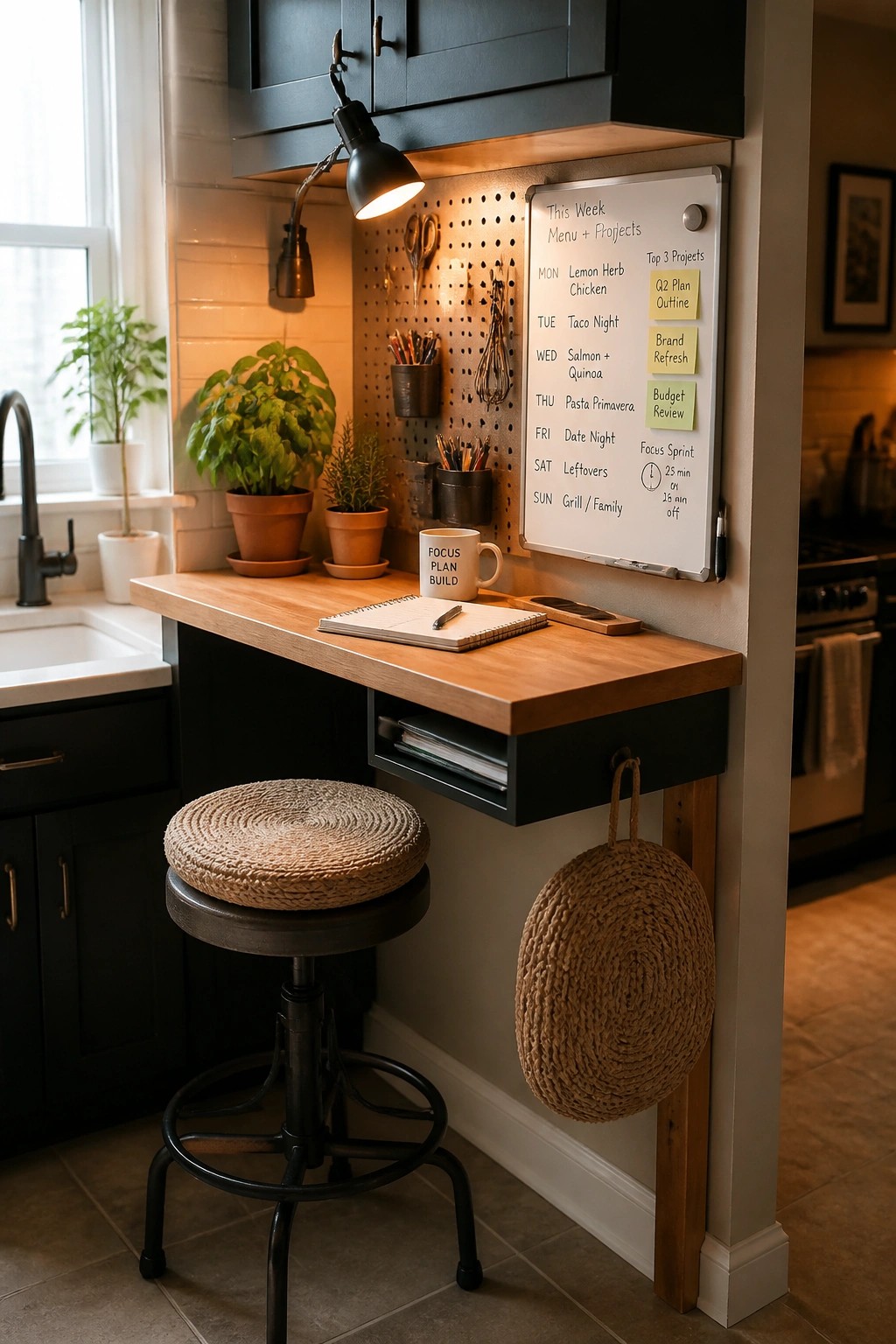 A kitchen workspace with a wooden counter, black stool, pegboard, whiteboard showing a weekly menu, and potted plants on the ledge.