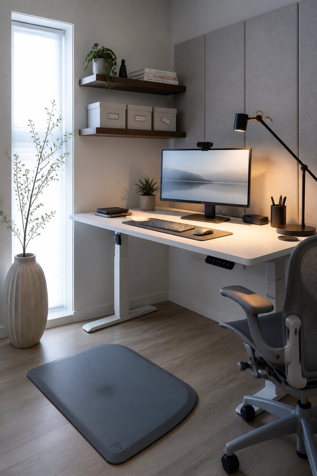 Modern minimalist office with white standing desk, gray chair, shelves, and large window.