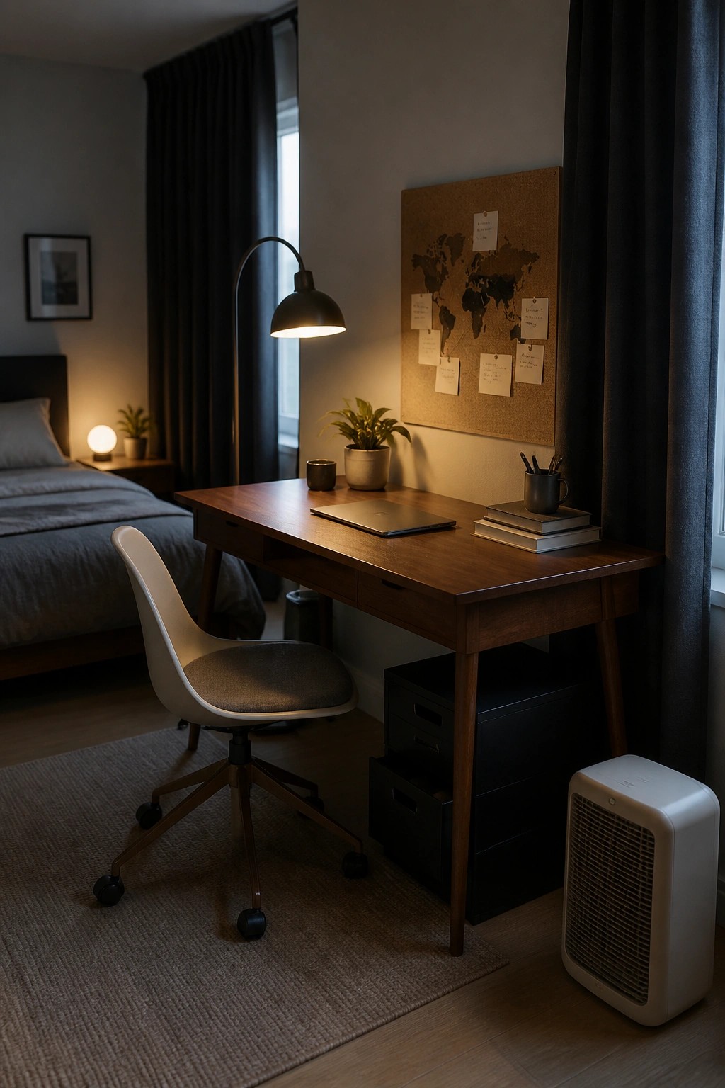 Modern wooden desk with laptop, chair, lamp, and world map corkboard in bedroom