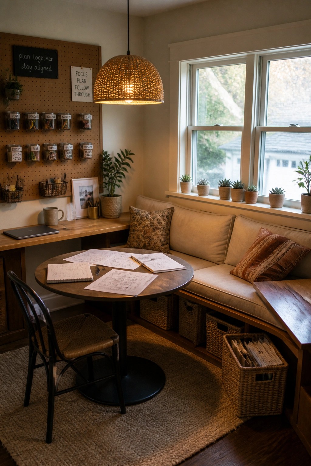 A home workspace shows a round table with papers and a laptop beside a built-in bench with woven storage baskets below and a pegboard organizer on the wall.