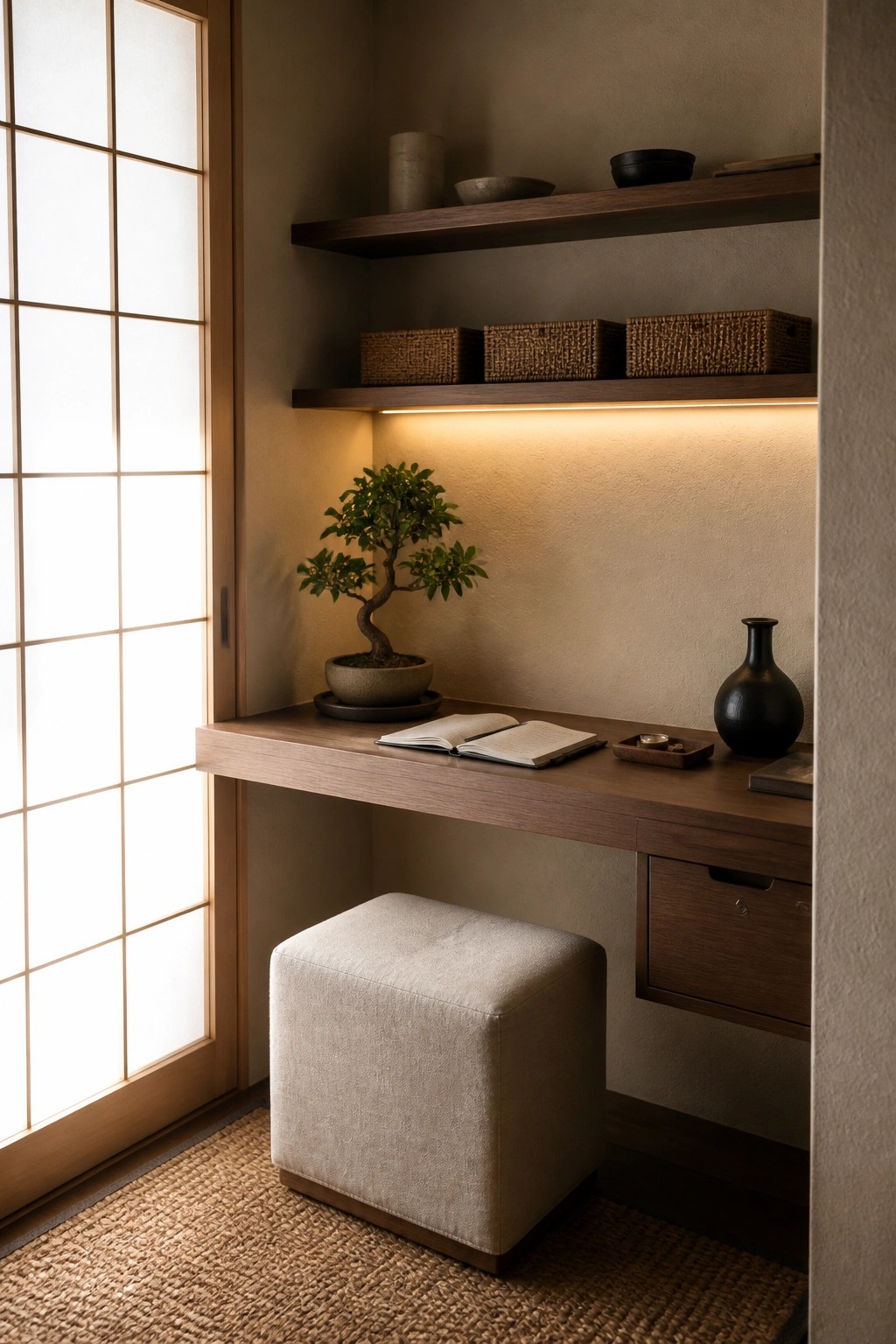 A wooden built-in desk with an open book, bonsai tree, and floating shelves holding woven baskets above it, next to a shoji screen door and fabric stool.