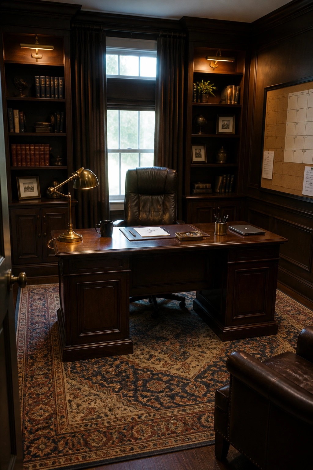 A home office featuring a large wooden desk centered between dark built-in bookshelves, with a window and leather office chair visible.