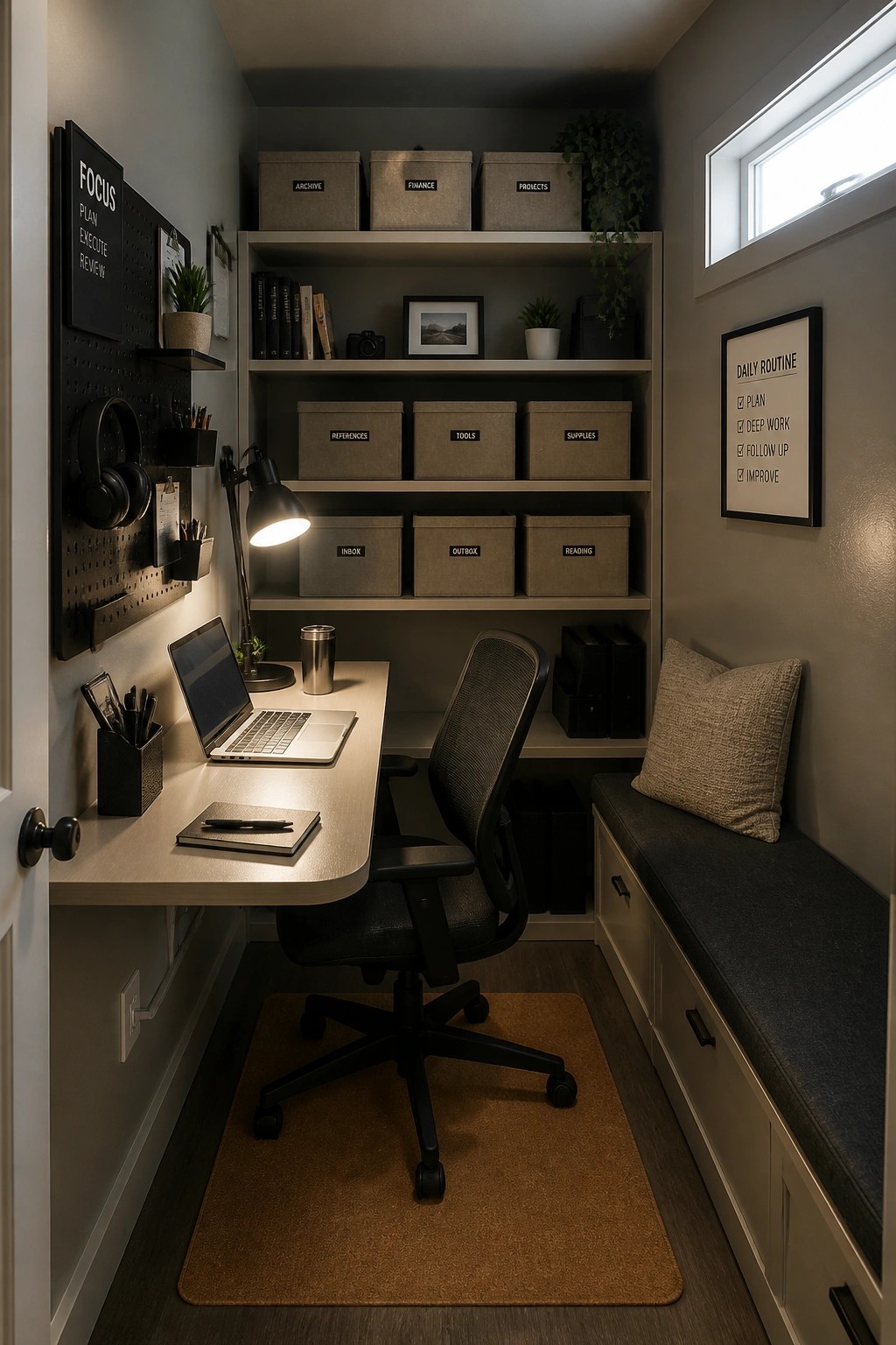A narrow home office with a desk, black office chair, and built-in shelves holding labeled fabric storage bins.