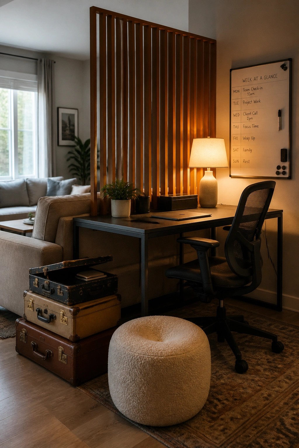 A home workspace with a desk, black office chair, table lamp, and wooden slat room divider positioned in front of a living area with a sofa and stacked vintage suitcases.