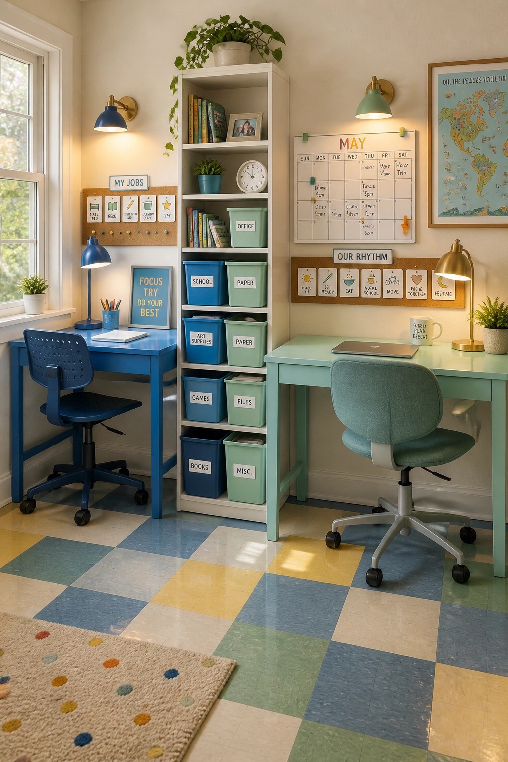 A bright kids workspace with two desks, a white shelving unit holding blue and mint labeled storage bins, a wall calendar, and a checkered floor.
