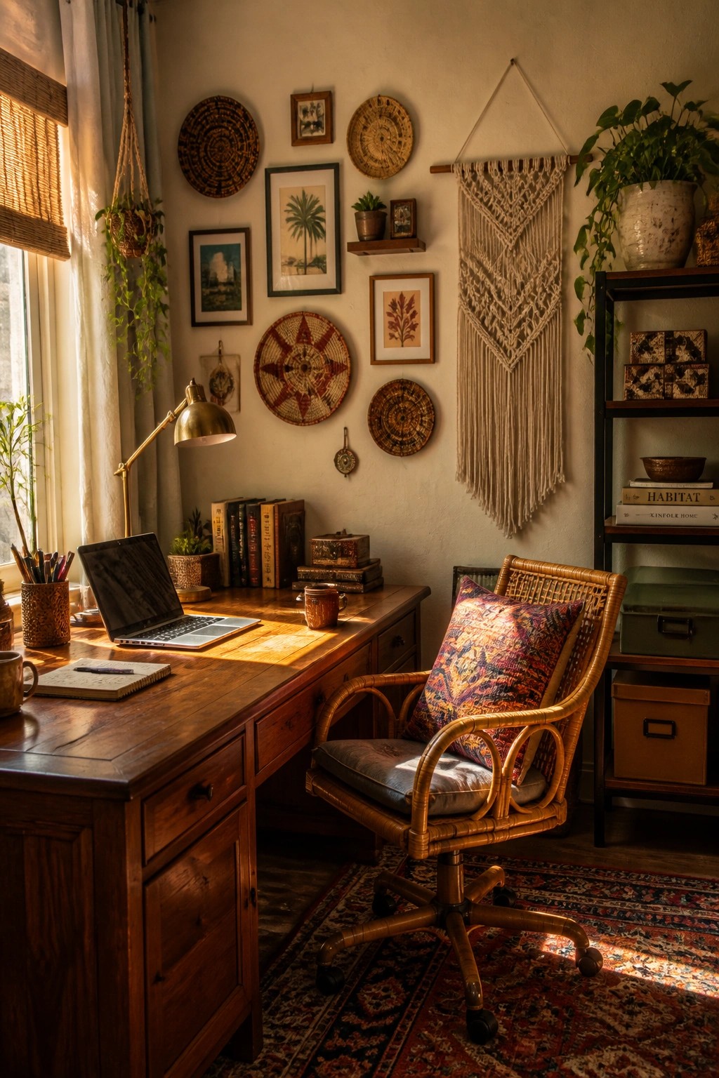 A home office with a wooden desk holding a laptop and desk lamp, a rattan office chair with a colorful pillow, and walls decorated with woven baskets, framed art, and a macrame hanging.