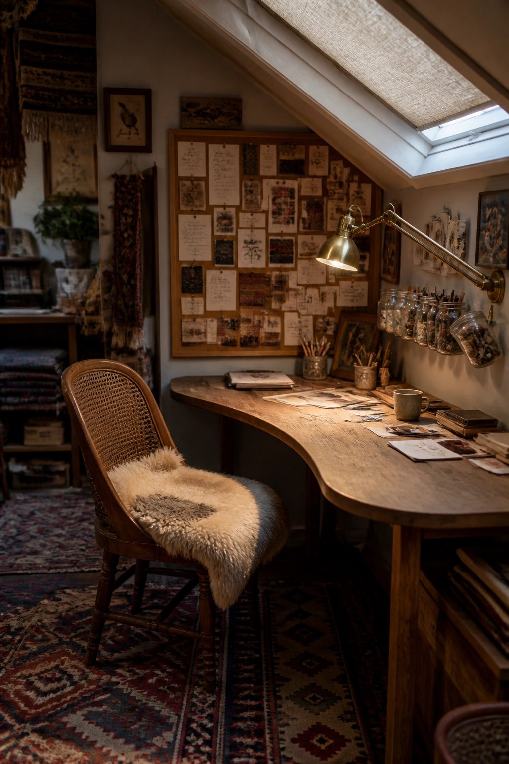 A curved wooden desk sits under a large corkboard covered with pinned papers and sketches, with a brass lamp and glass jars of supplies mounted on the wall nearby.