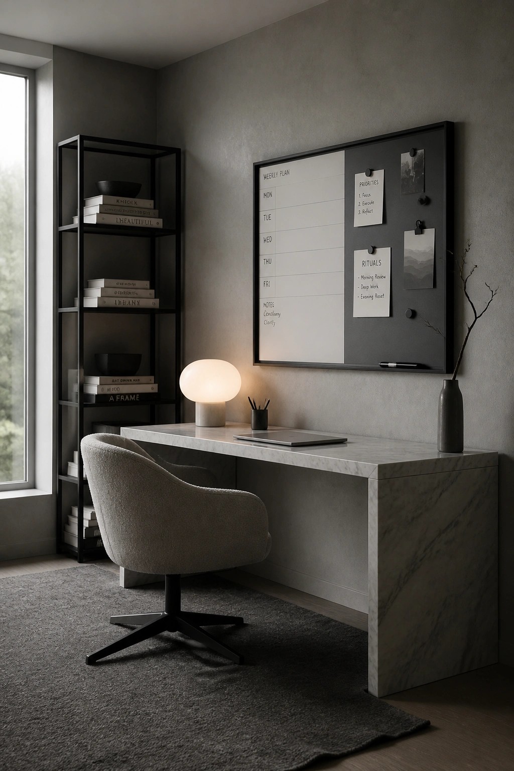 Minimalist modern office with marble desk, gray chair, glowing lamp, and wall planner