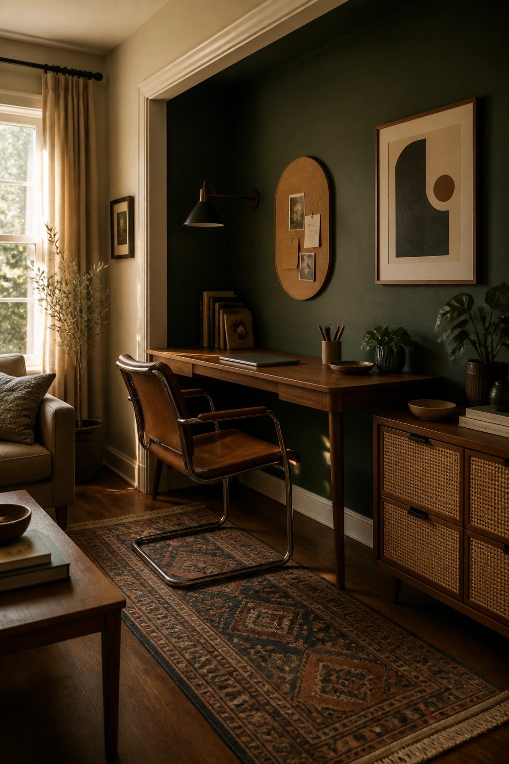 A wooden desk and brown leather chair set in a dark green alcove with a corkboard and framed art on the wall.