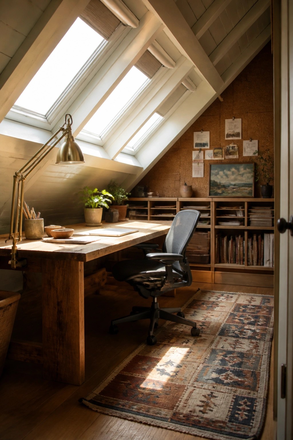 An attic home office with a wooden desk positioned under multiple skylights, an ergonomic chair on a patterned rug, and built-in shelves along a corkboard wall.