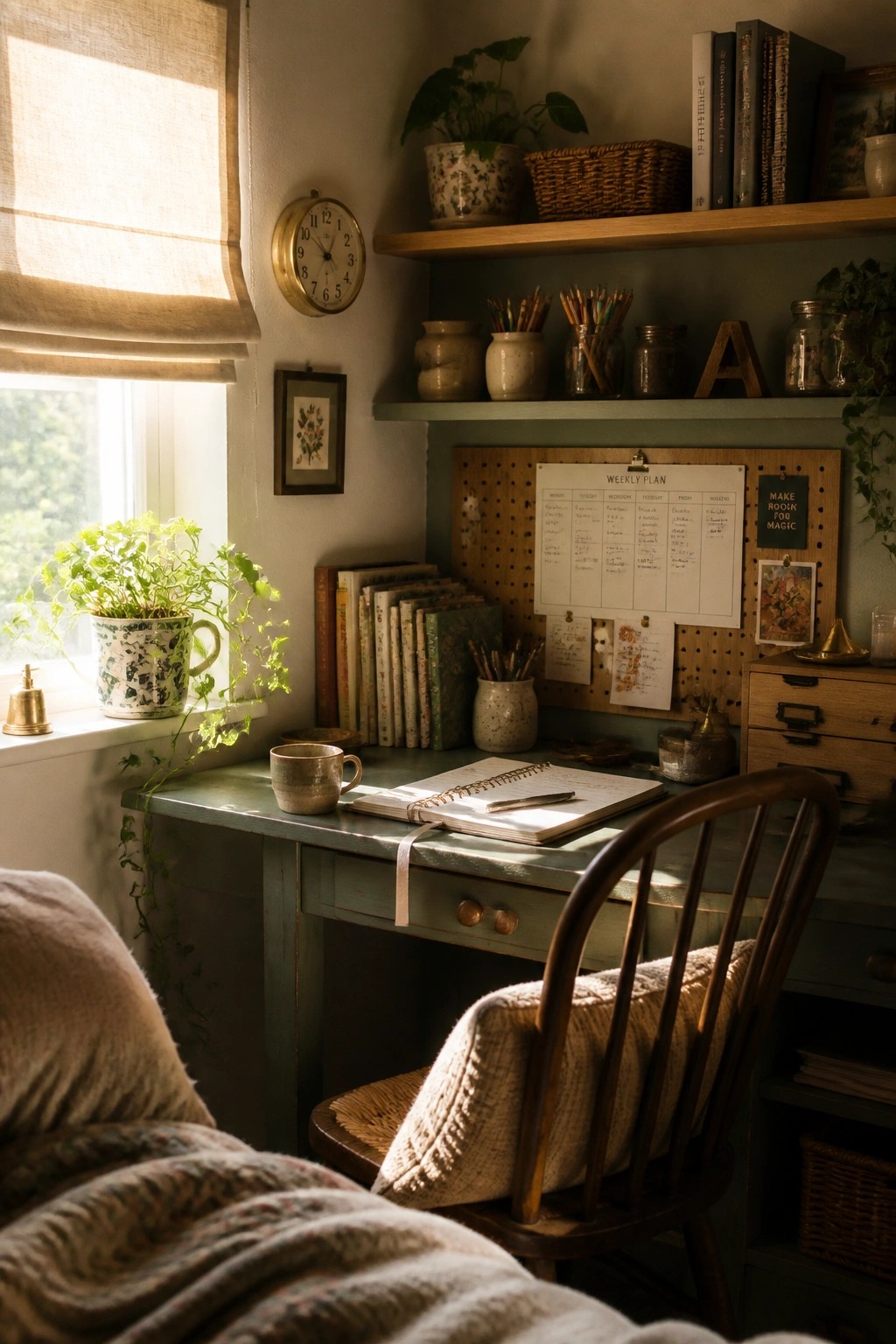 A home workspace features a teal desk with an open notebook placed directly beside a window, surrounded by books, plants, and a pegboard with a weekly planner.