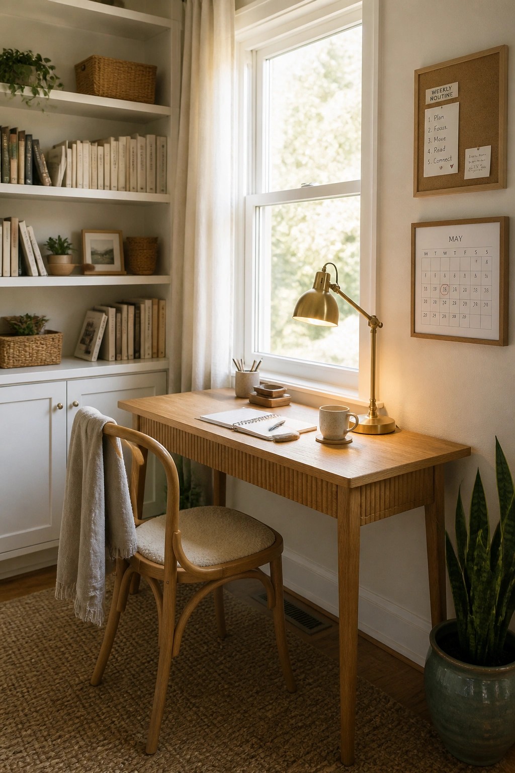 A light wood desk with a chair is positioned in front of a large window, flanked by white built-in bookshelves on the left and a calendar on the right wall.