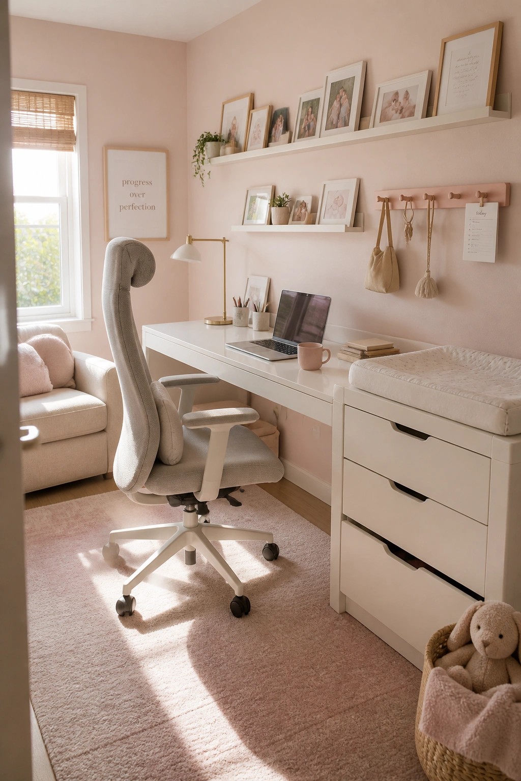 A home office with soft pink walls, a white desk setup, and a gray ergonomic chair on a fluffy pink rug.