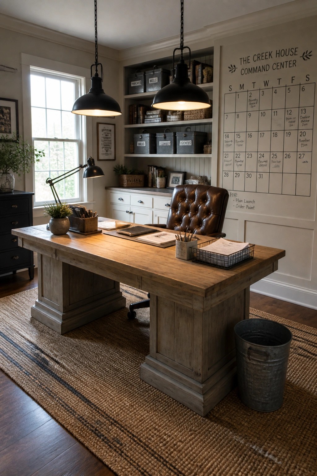 A home office featuring a large wooden desk with a brown leather chair, pendant lights overhead, and a wall with a large monthly calendar labeled