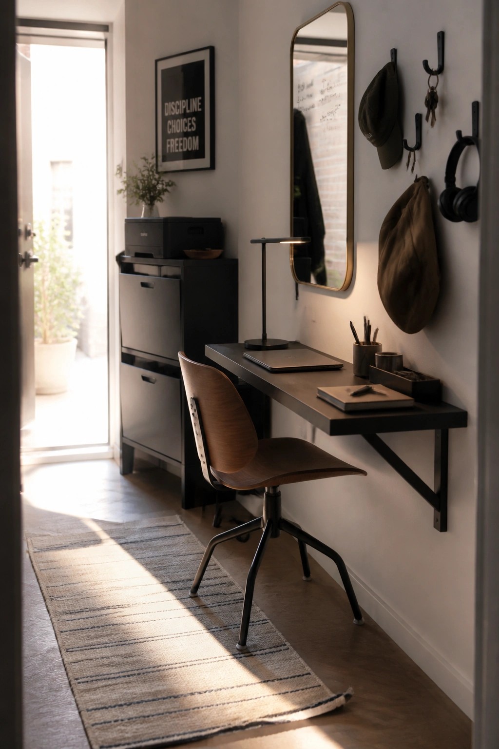 A wall-mounted desk with a laptop and lamp sits in a narrow indoor hallway beside a wooden swivel chair, with hooks holding bags and headphones on the wall.