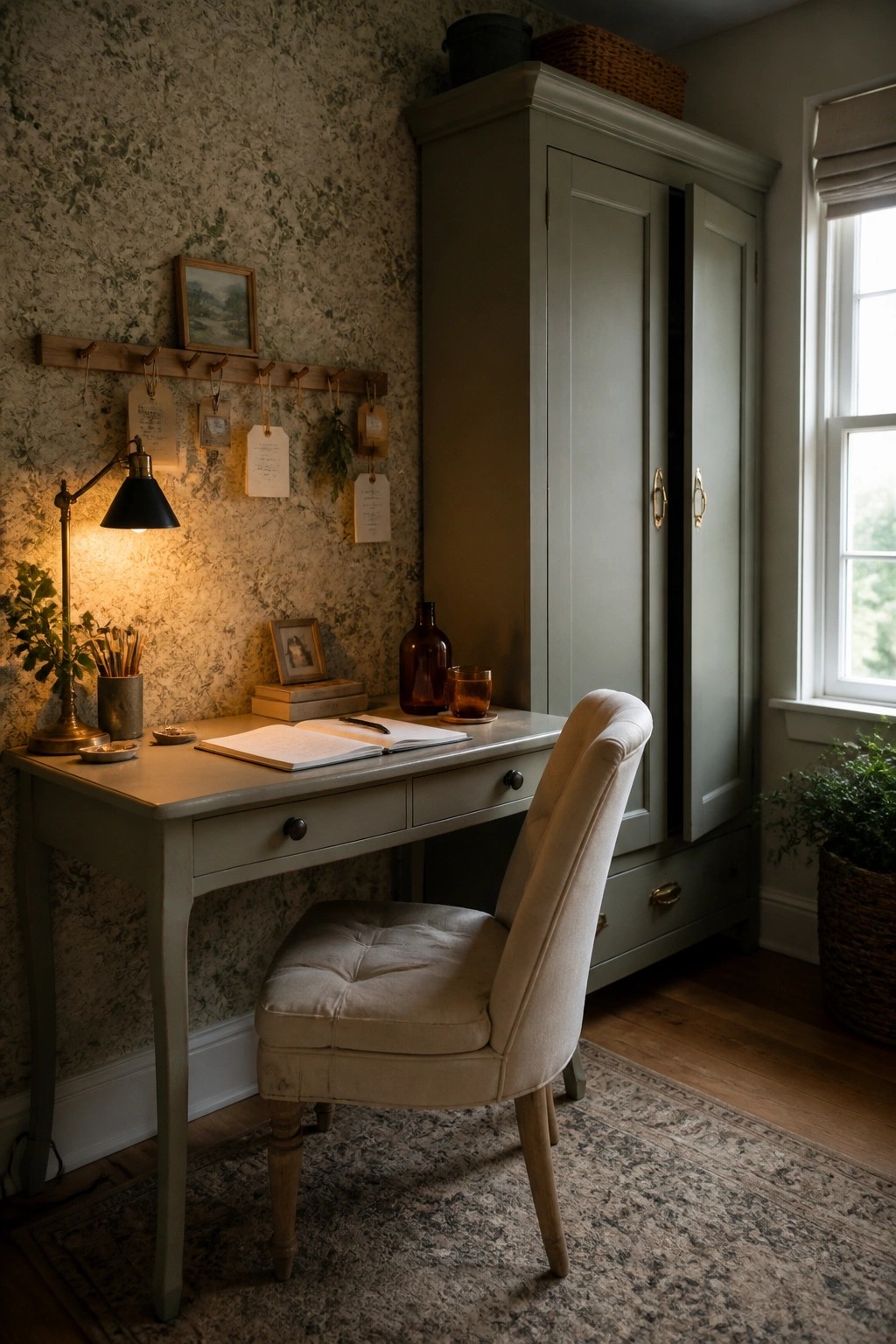 A sage green desk with an open notebook, black task lamp, upholstered chair, and tall storage cabinet against patterned wallpaper.