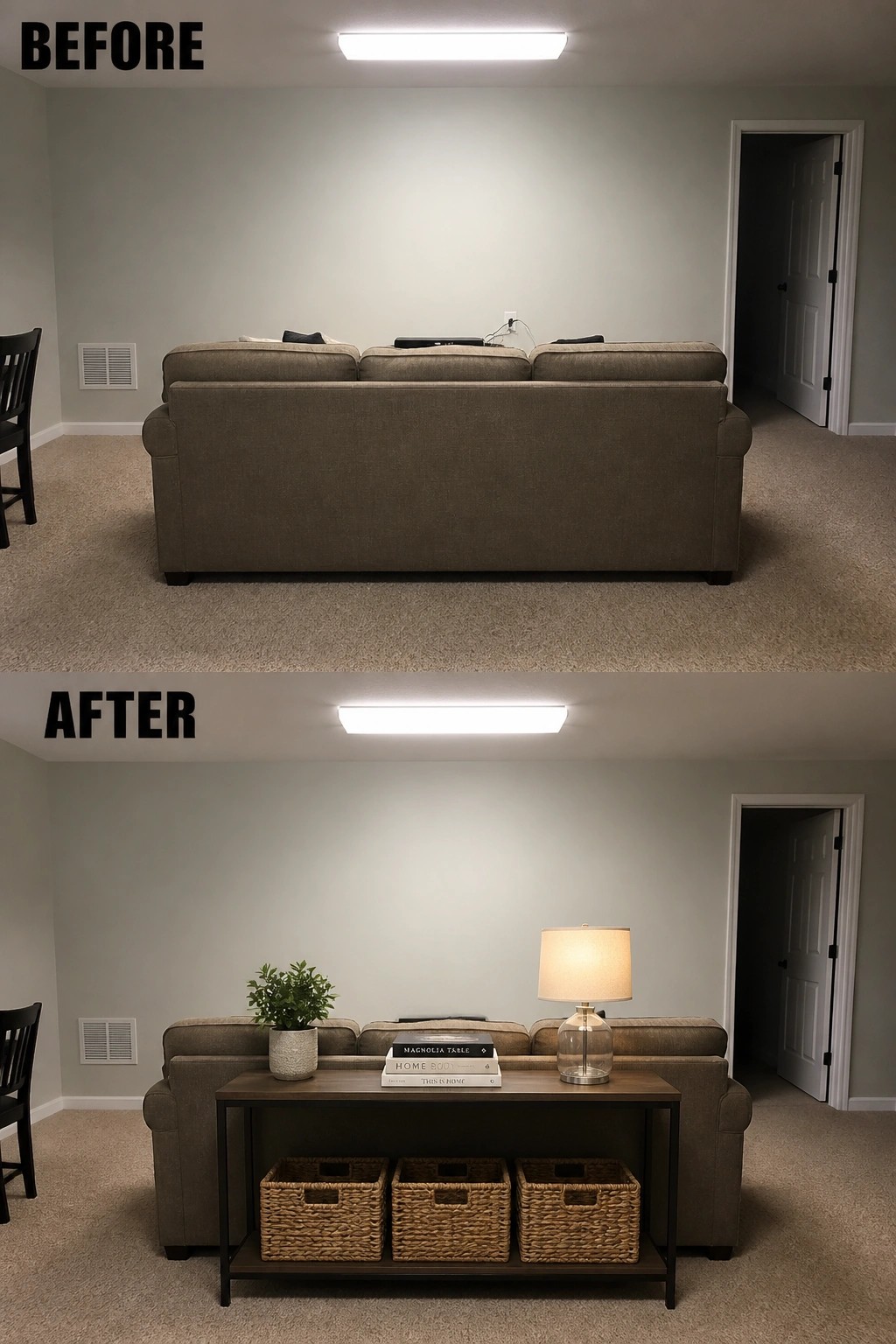 Before and after of beige sofa with added console table, lamp, plant and baskets.