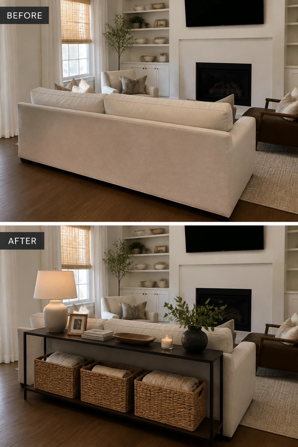 Before-and-after image of a living room with a console table, baskets, and styling added behind the sofa.