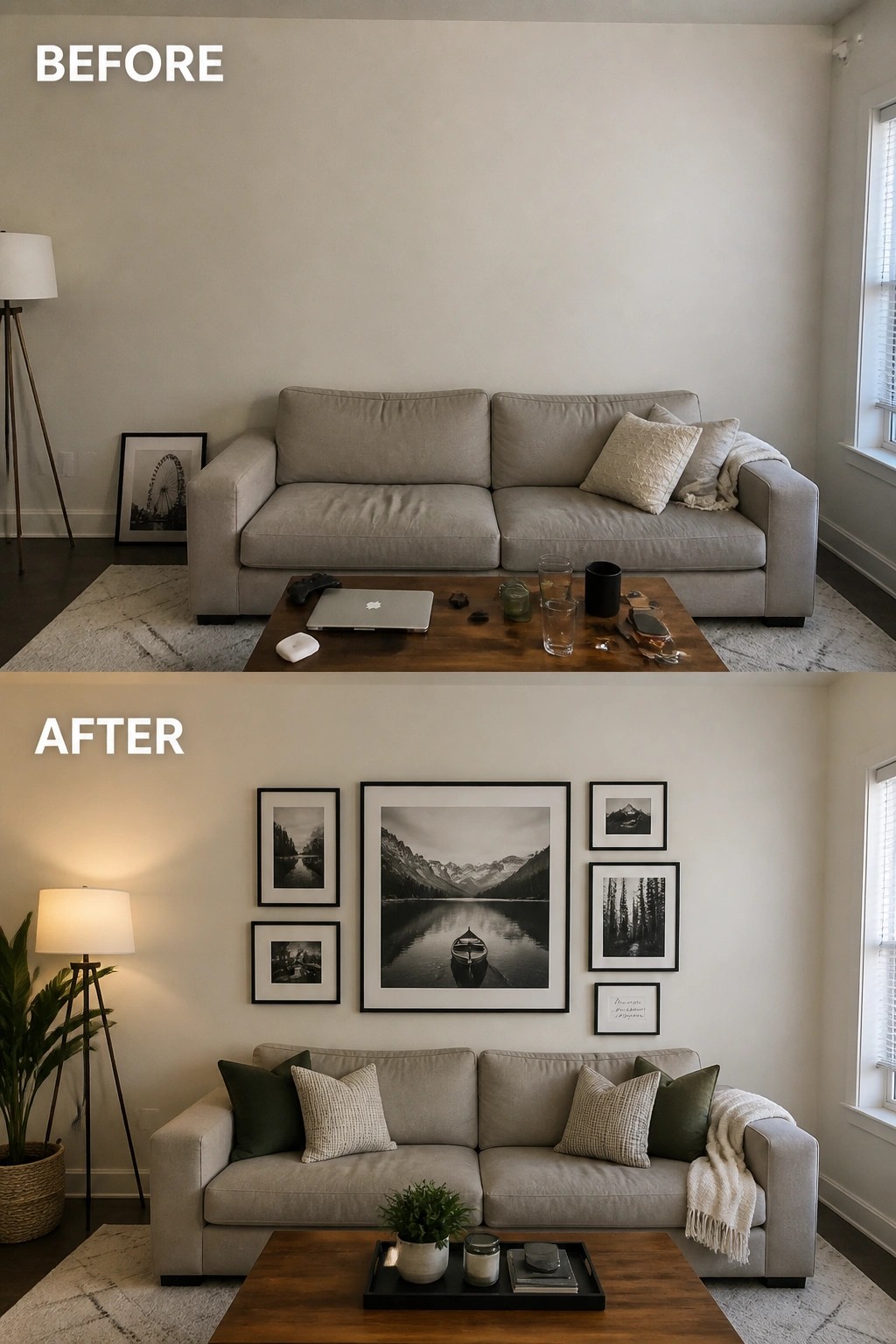 Before and after living room with beige sofa, wooden table, and photo gallery wall.