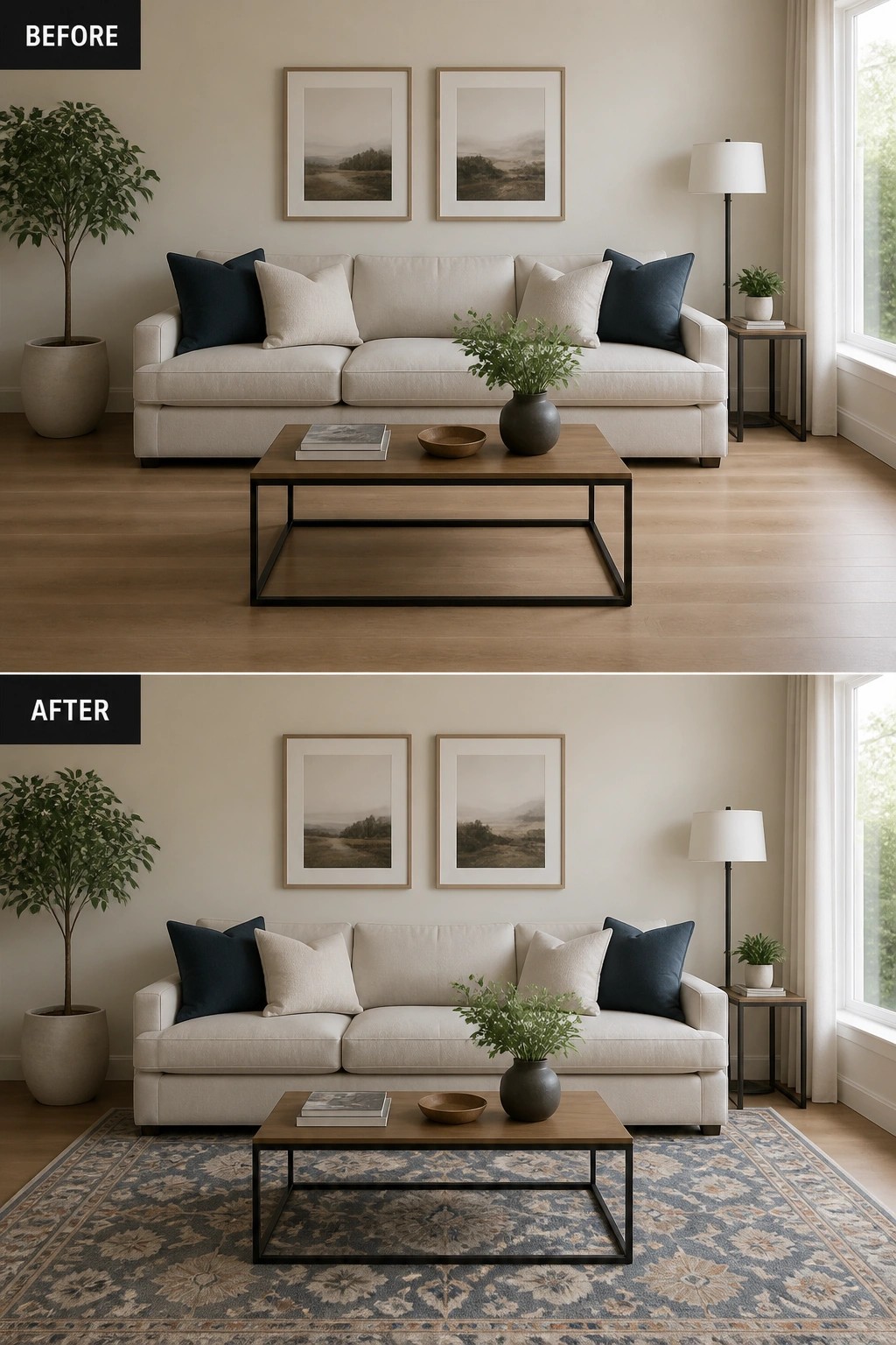 Before and after minimalist living room with added patterned area rug.