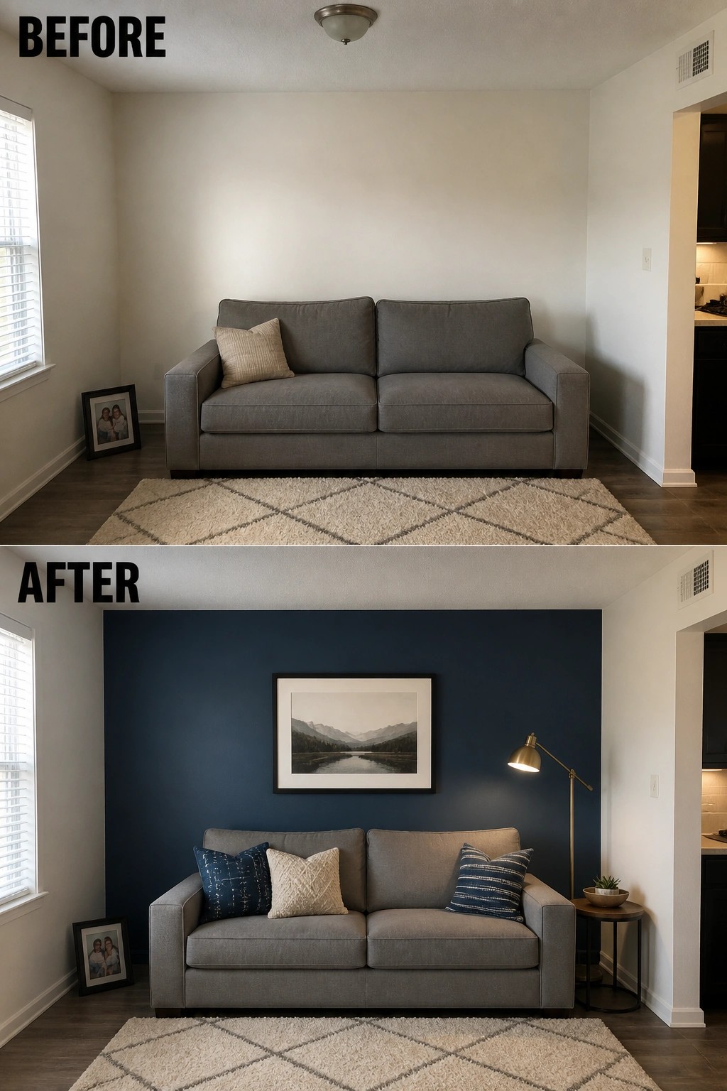 Before and after living room with gray sofa and dark blue accent wall