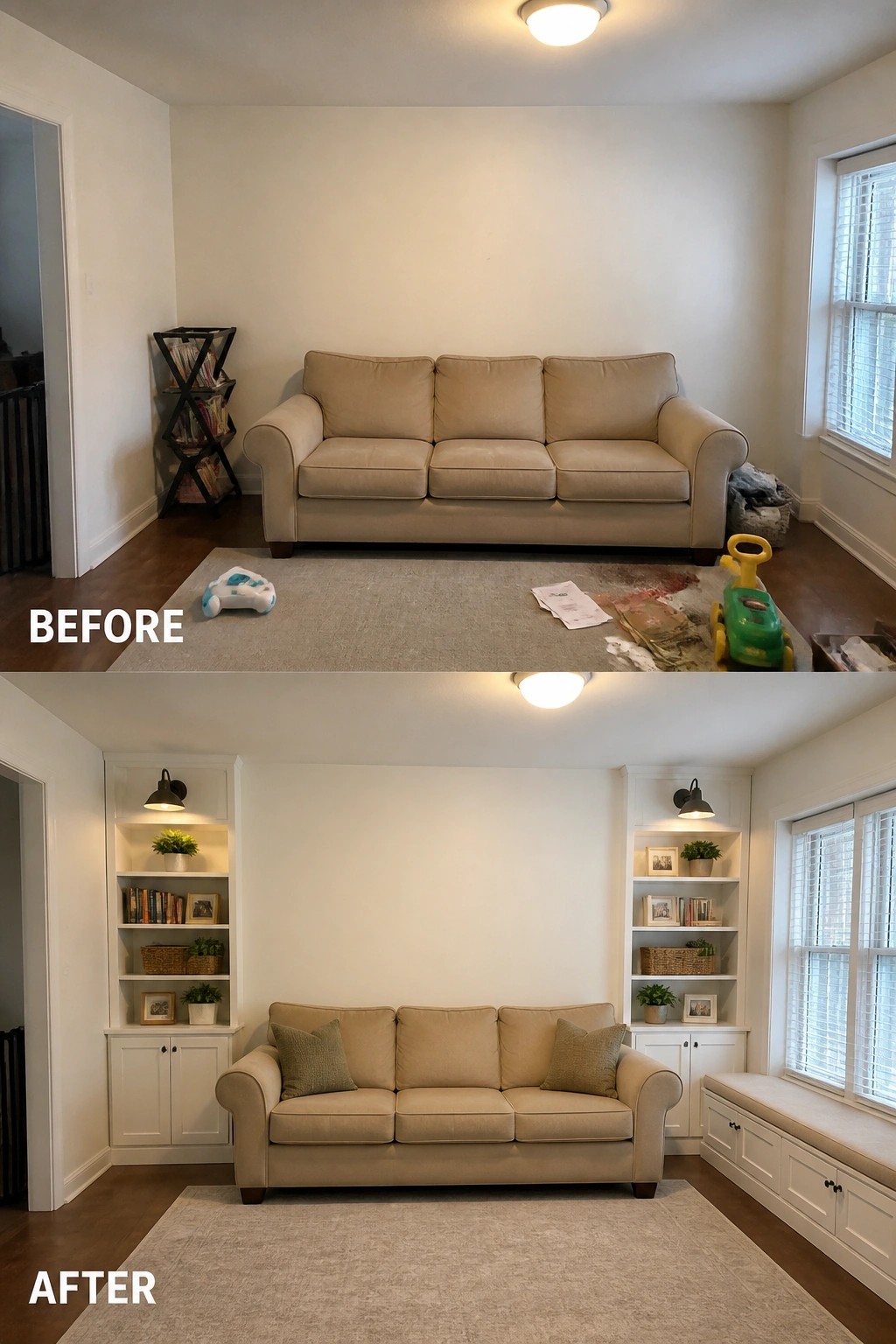 Before and after of beige sofa in living room with added white built-in bookshelves