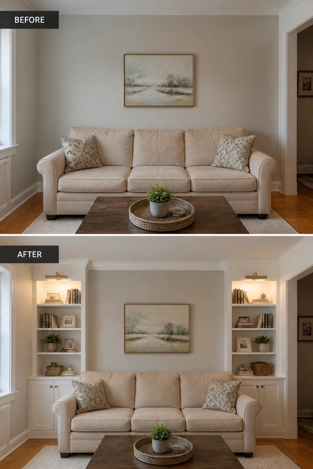 Before and after living room with beige sofa and white built-in bookshelves