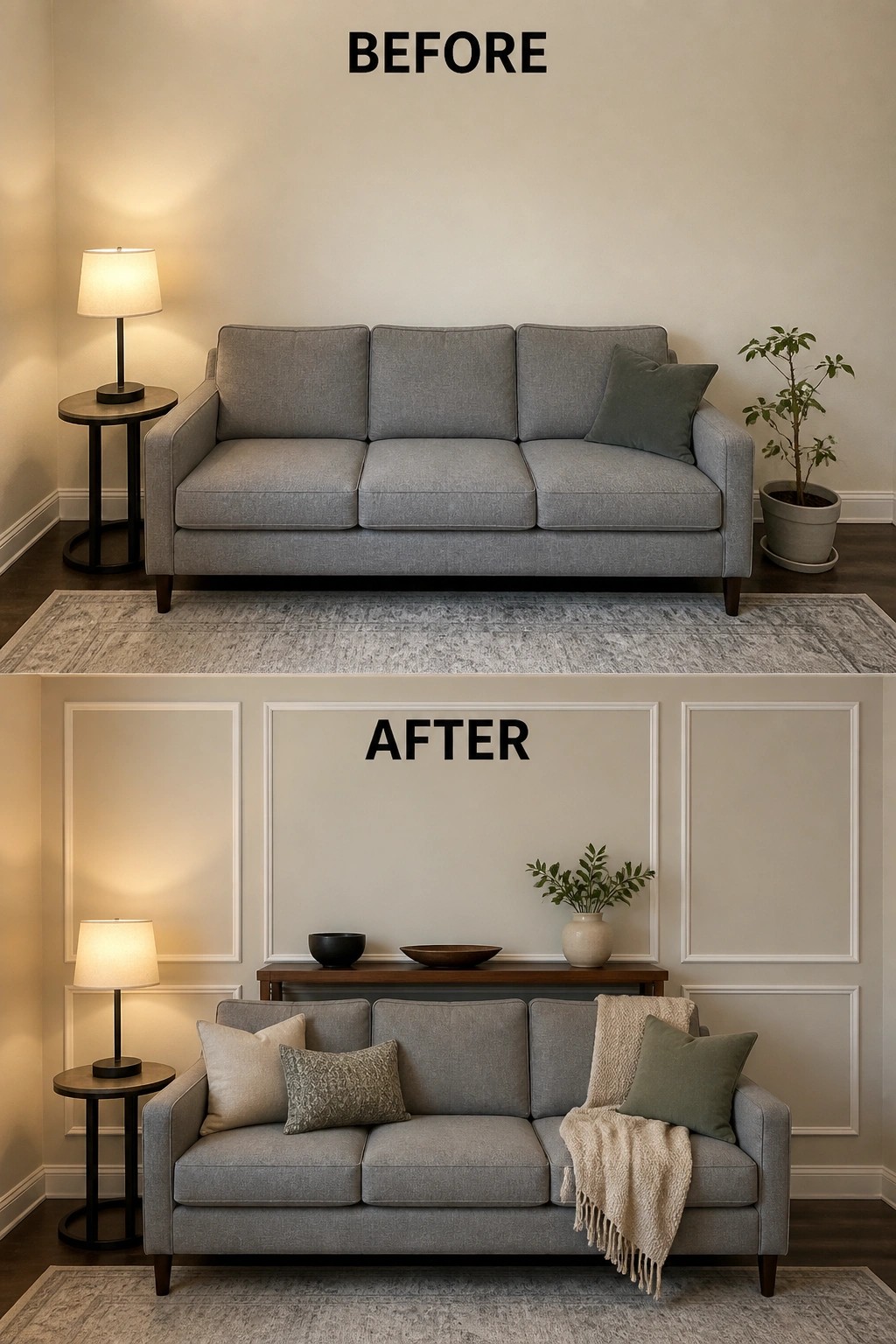 Before-and-after image of a living room showing a gray sofa against a plain wall transformed by adding white panel molding and a console table with decor.