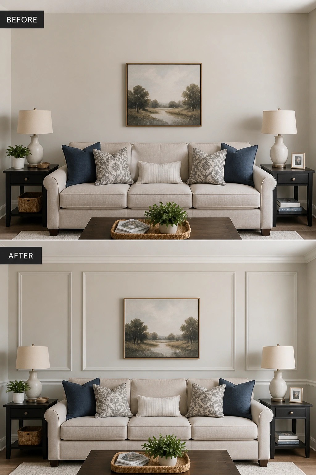 Before-and-after image of a living room where a plain wall behind the sofa is updated with panel molding and trim.