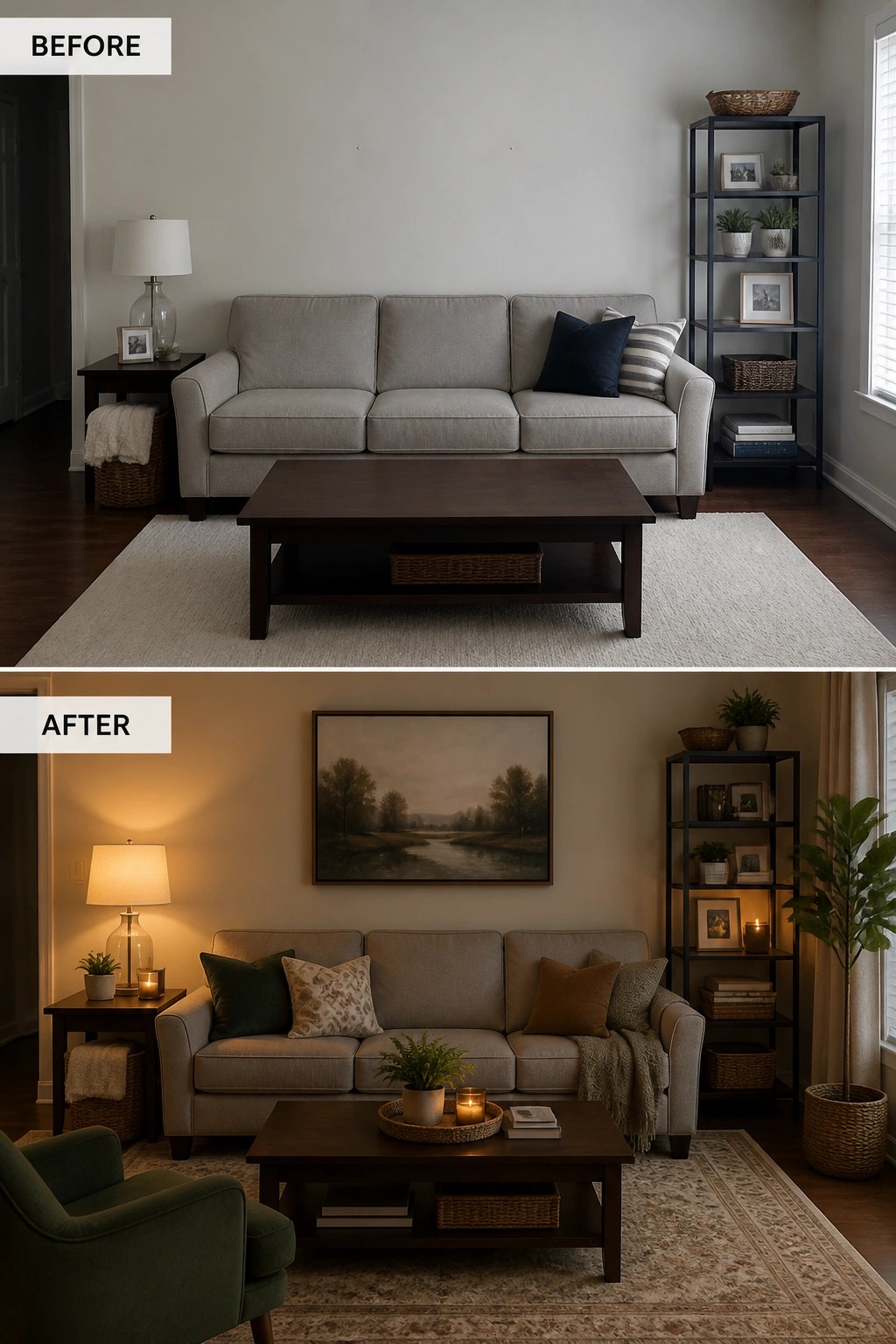 Before and after living room with updated lighting, pillows, art, and cozy decor.