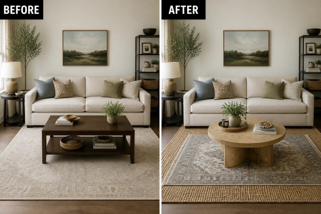 Before and after living room with round coffee table and patterned rug.