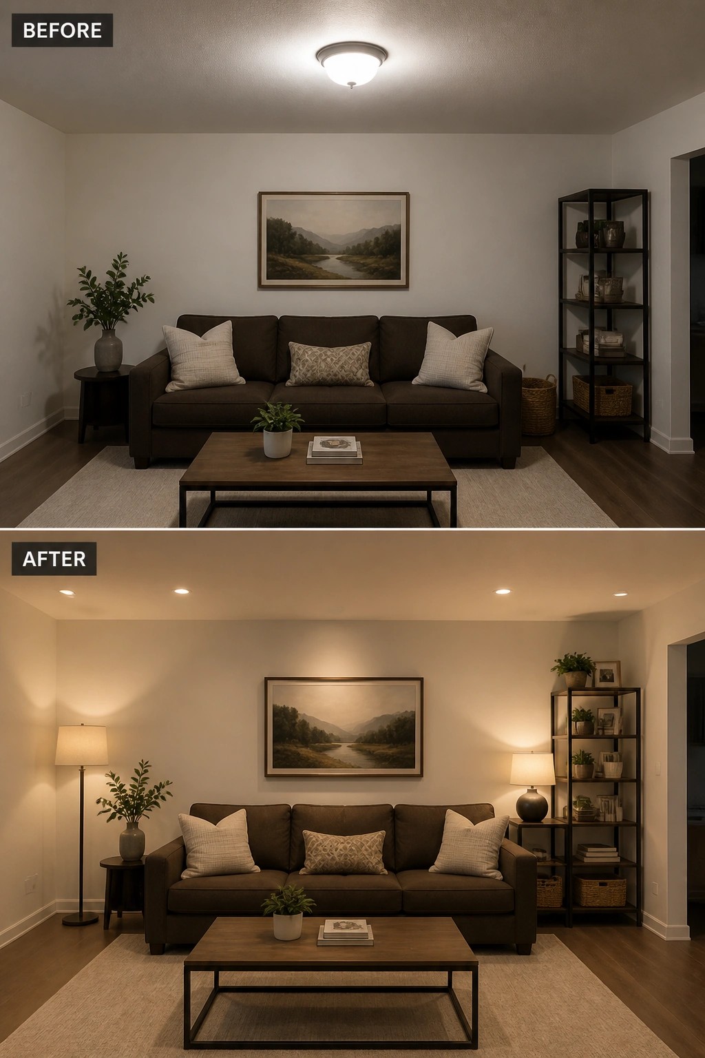 Before and after living room with single ceiling light versus recessed lamps and warmer glow.