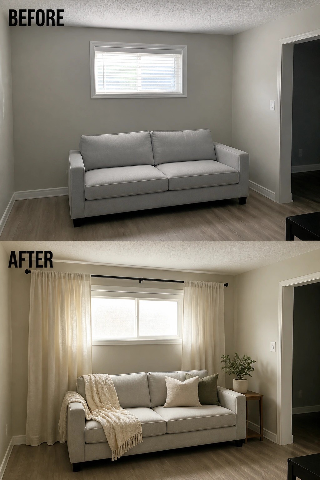 Before and after living room with gray sofa, beige curtains, pillows, throw, and plant.