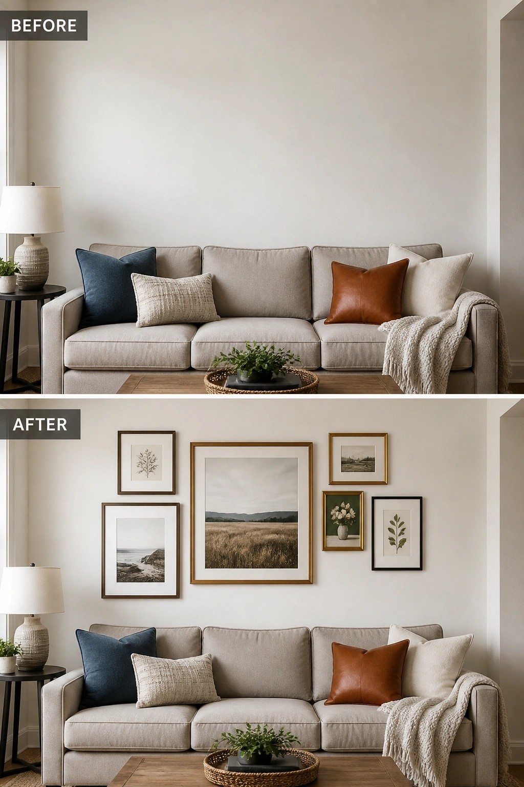 Before-and-after image of a living room showing a bare wall above the sofa changed by adding a gallery wall of framed artwork.