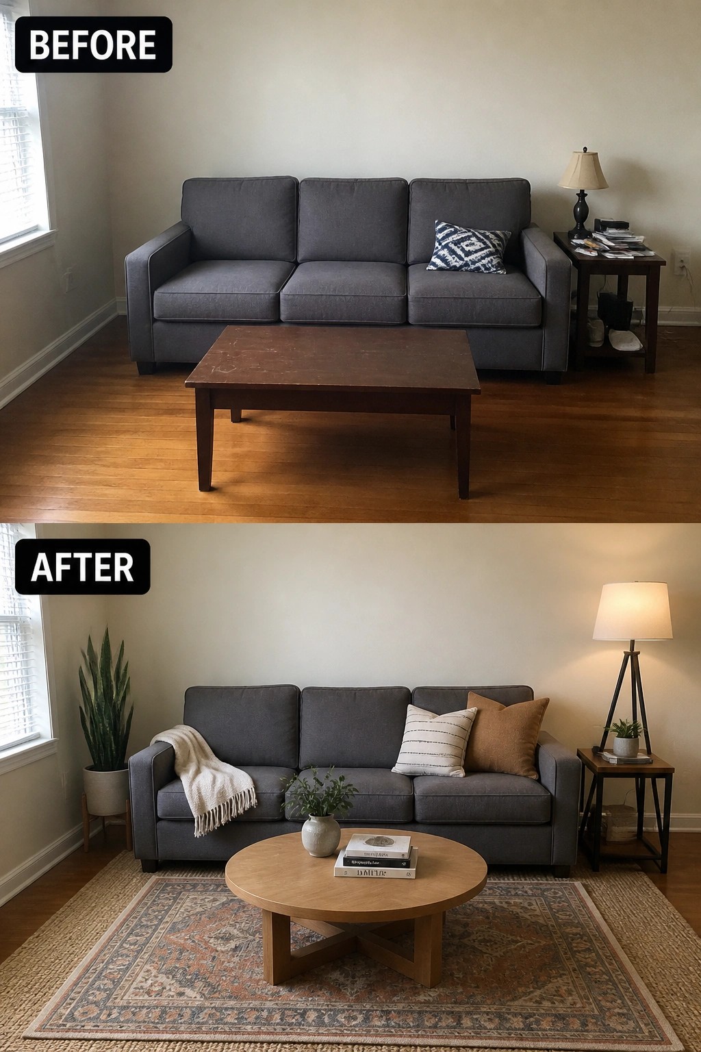 Before and after of gray sofa in living room with new rug and decor