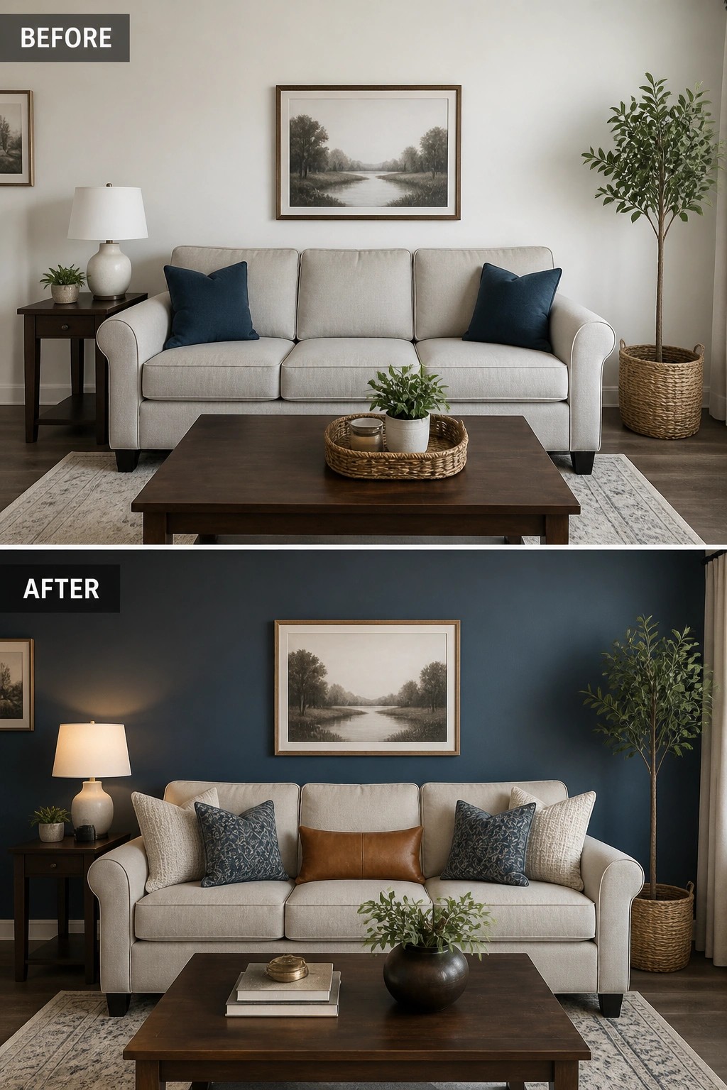 Before-and-after image of a living room showing the back wall painted from white to deep navy blue with added pillows on the sofa.