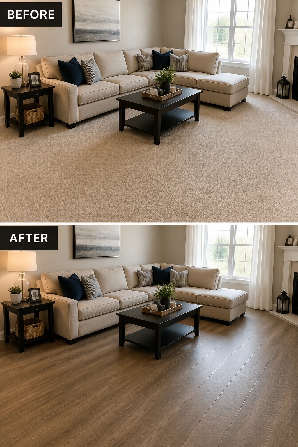 Before and after living room with carpet replaced by dark wood flooring