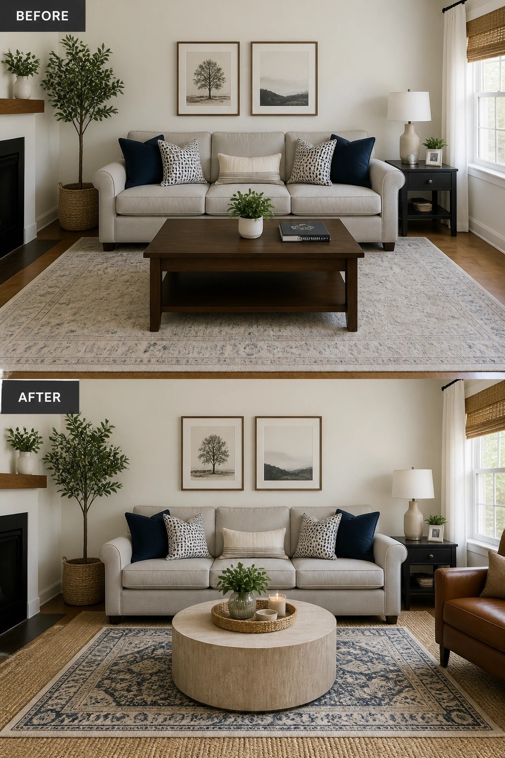 Before and after living room with round coffee table and patterned rug.