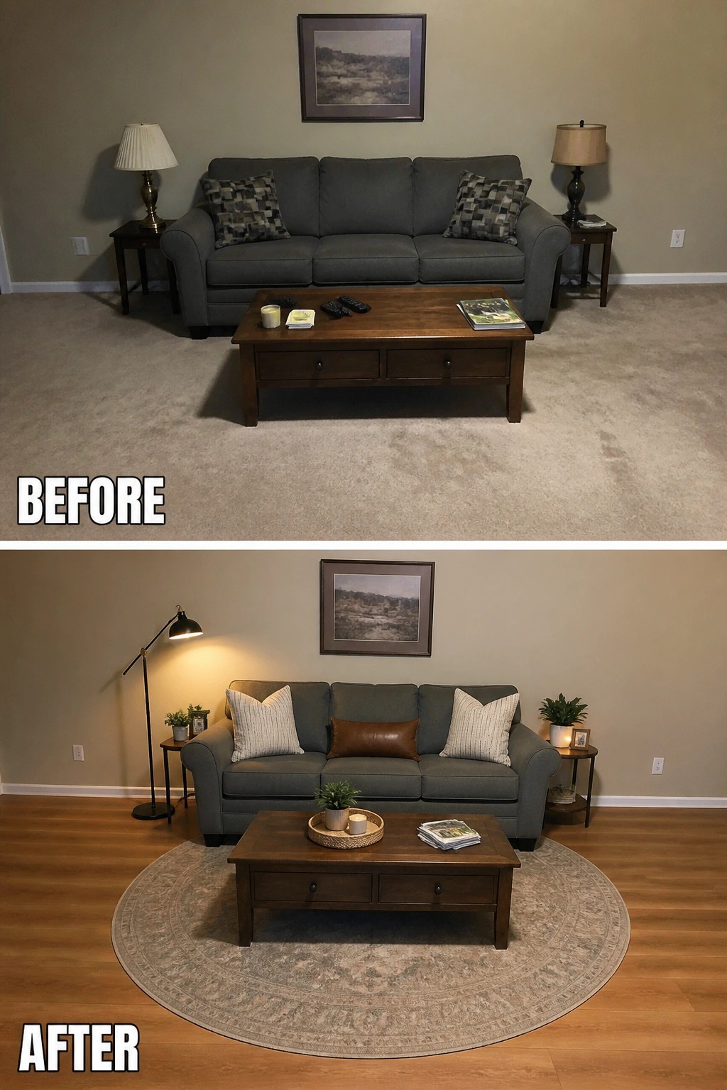 Before-and-after image of a living room with a gray sofa updated by adding a large round rug, floor lamp, and fresh pillows on hardwood flooring.