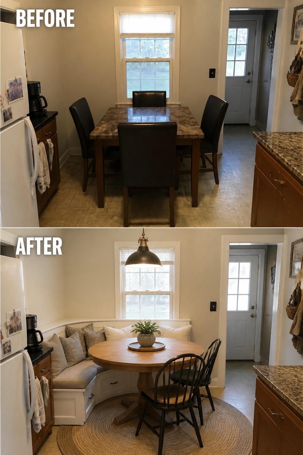 Before-after dining nook remodel: rectangular table replaced by round table with built-in bench seating.