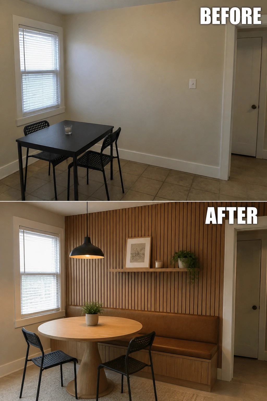 Before-and-after image of a plain dining corner transformed with a wood accent wall, built-in bench, round table, and pendant light.