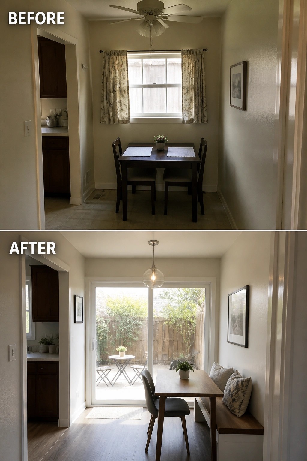 Before and after dining area with table, chairs, window, and sliding glass door.