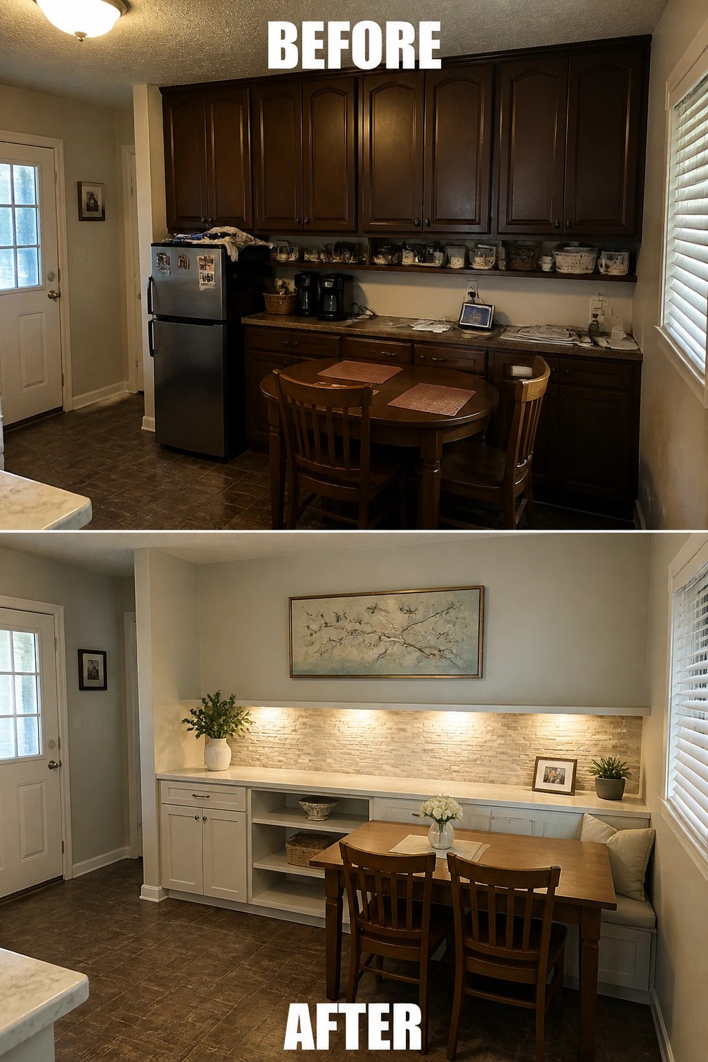 Before-and-after image of a dark kitchen with upper cabinets and round table changed into a lighter eat-in space with white cabinetry, open shelving, and built-in bench seating.