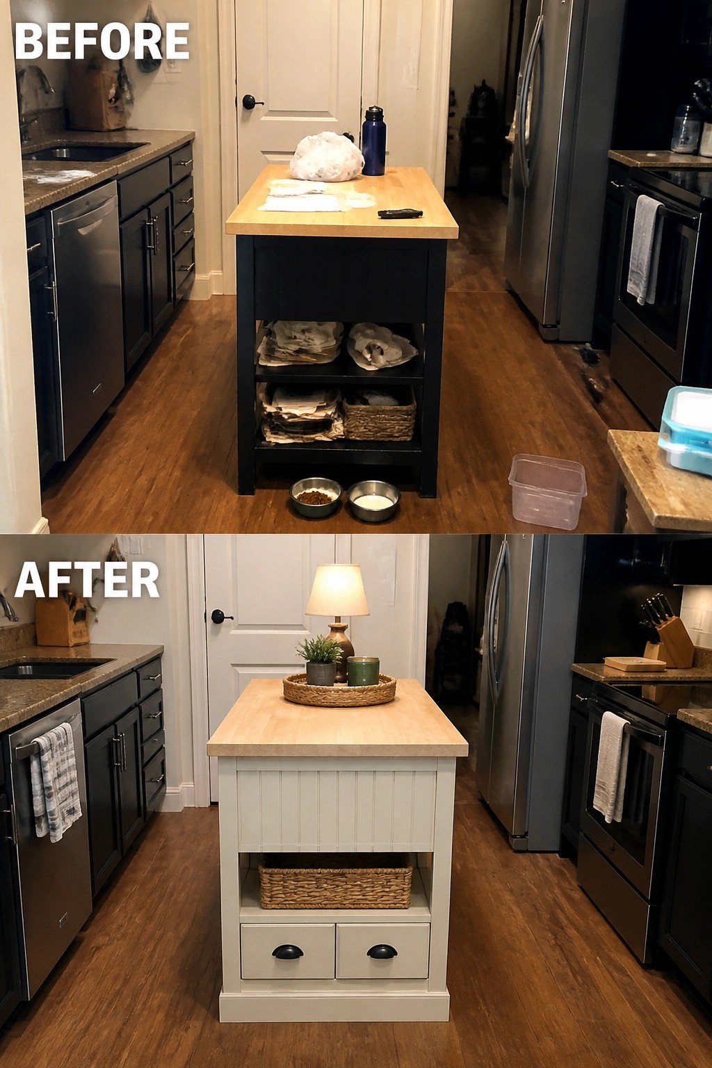 Before messy and after organized kitchen island painted gray with drawers, lamp, and basket.