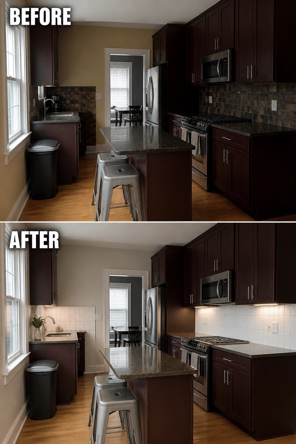 Before-and-after image of a kitchen showing a dark tile backsplash replaced with white subway tile and under-cabinet lighting added.
