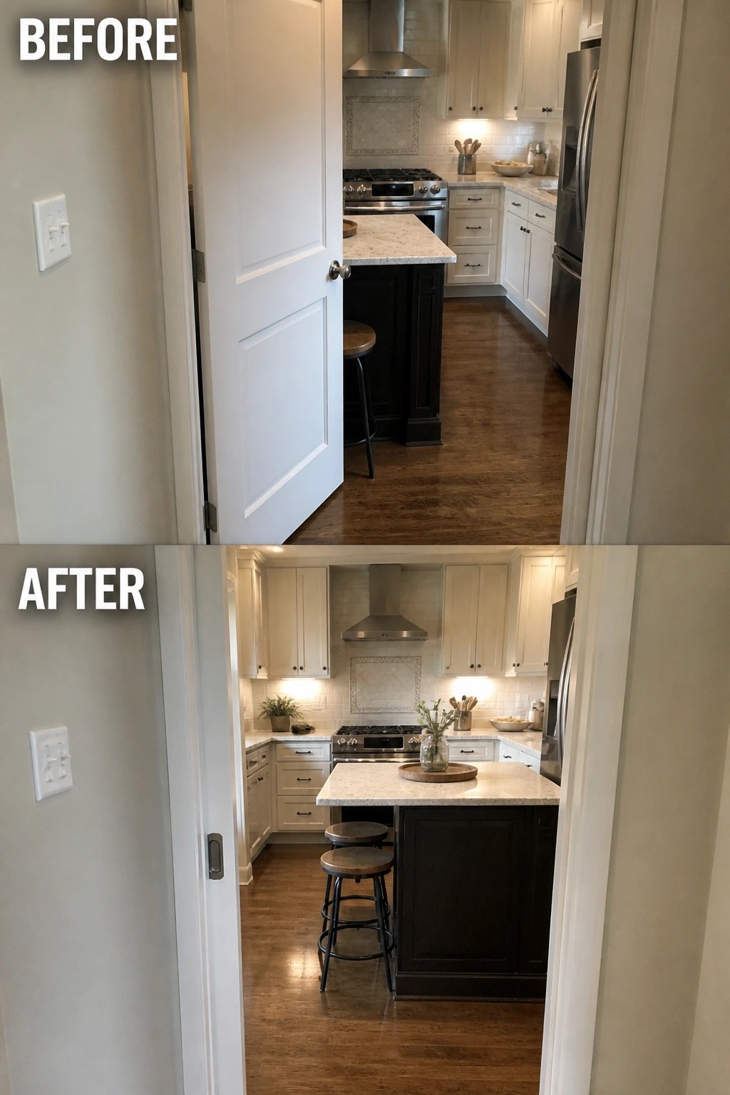 Before and after views of renovated kitchen with white cabinets and dark island