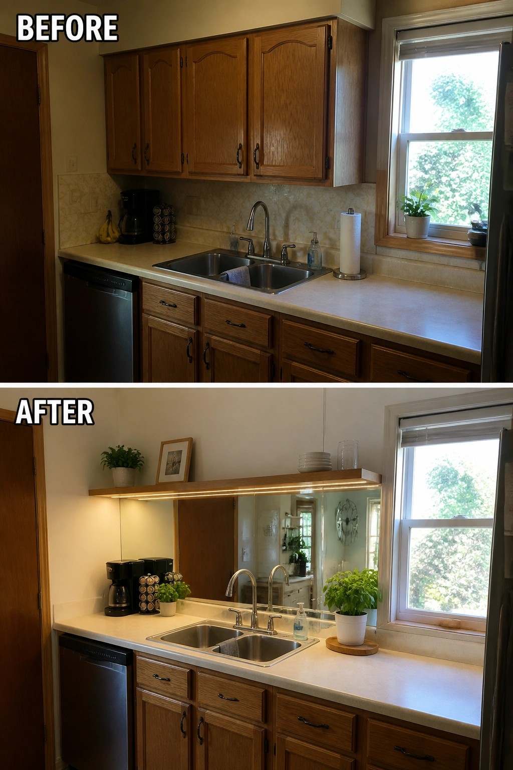 Before-and-after image of a kitchen with upper cabinets removed above the sink and replaced by a floating shelf with lighting and a mirrored backsplash.