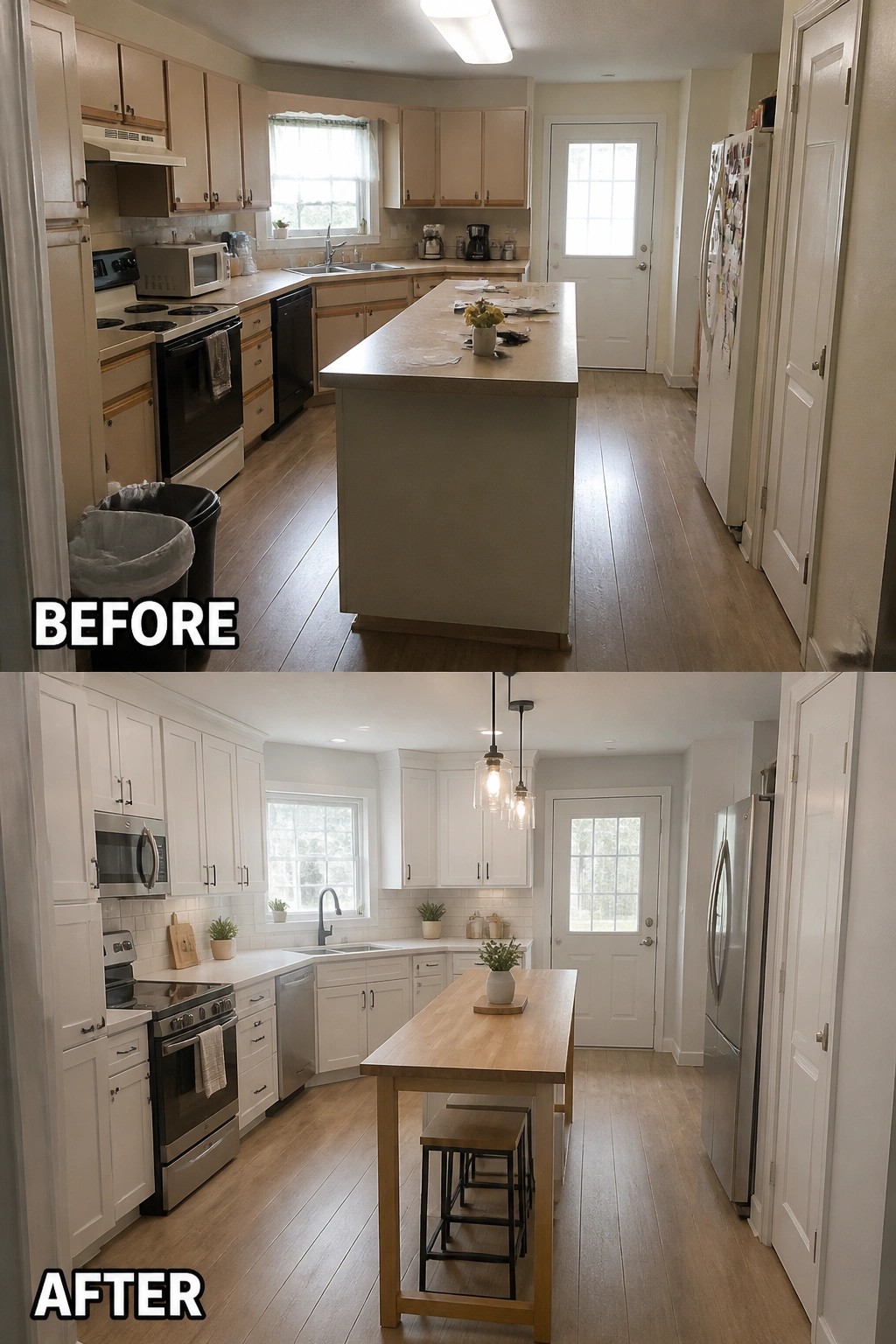Before and after kitchen remodel with beige cabinets updated to white and wooden island