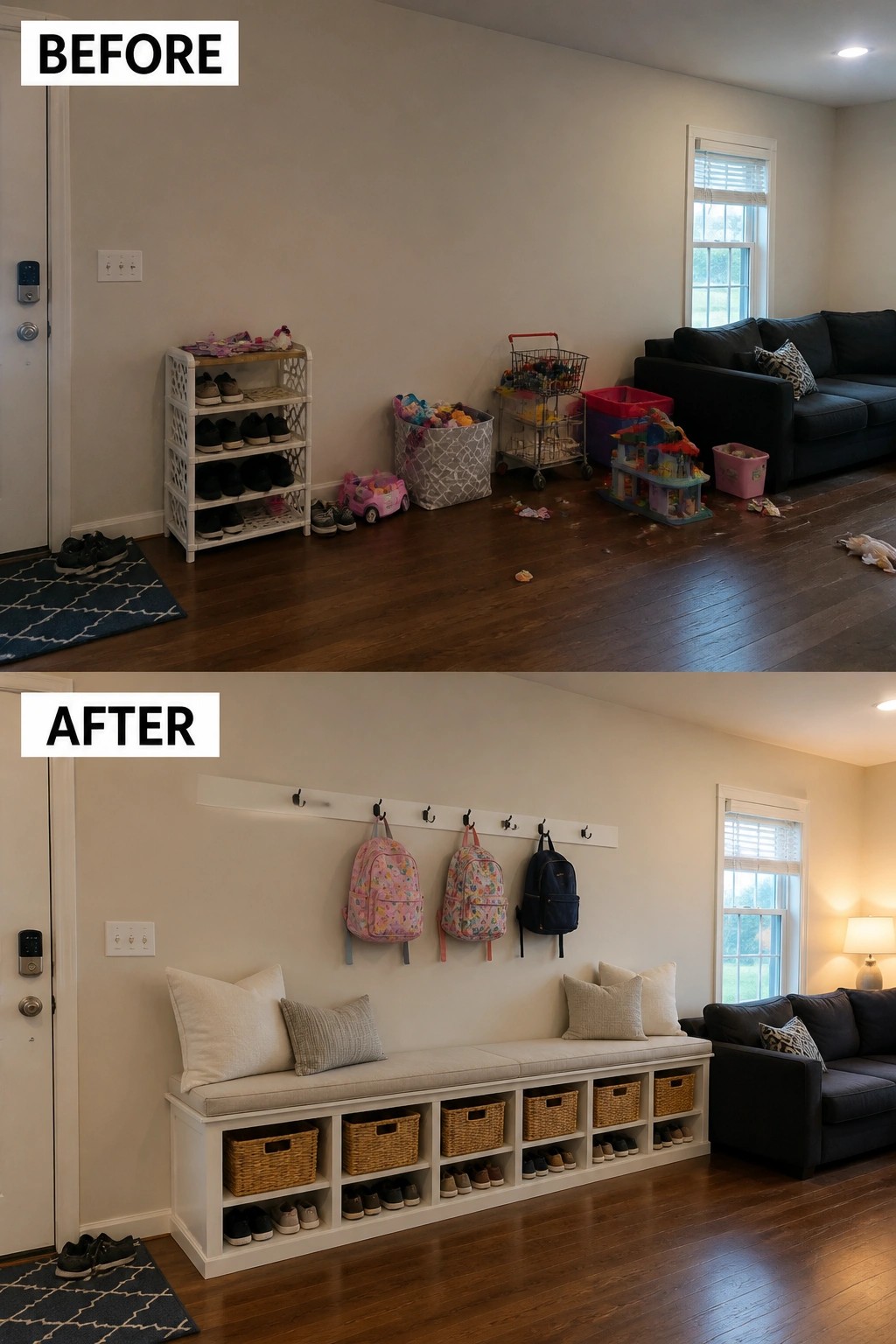 Before-and-after of cluttered room transformed into organized entryway with storage bench and hooks